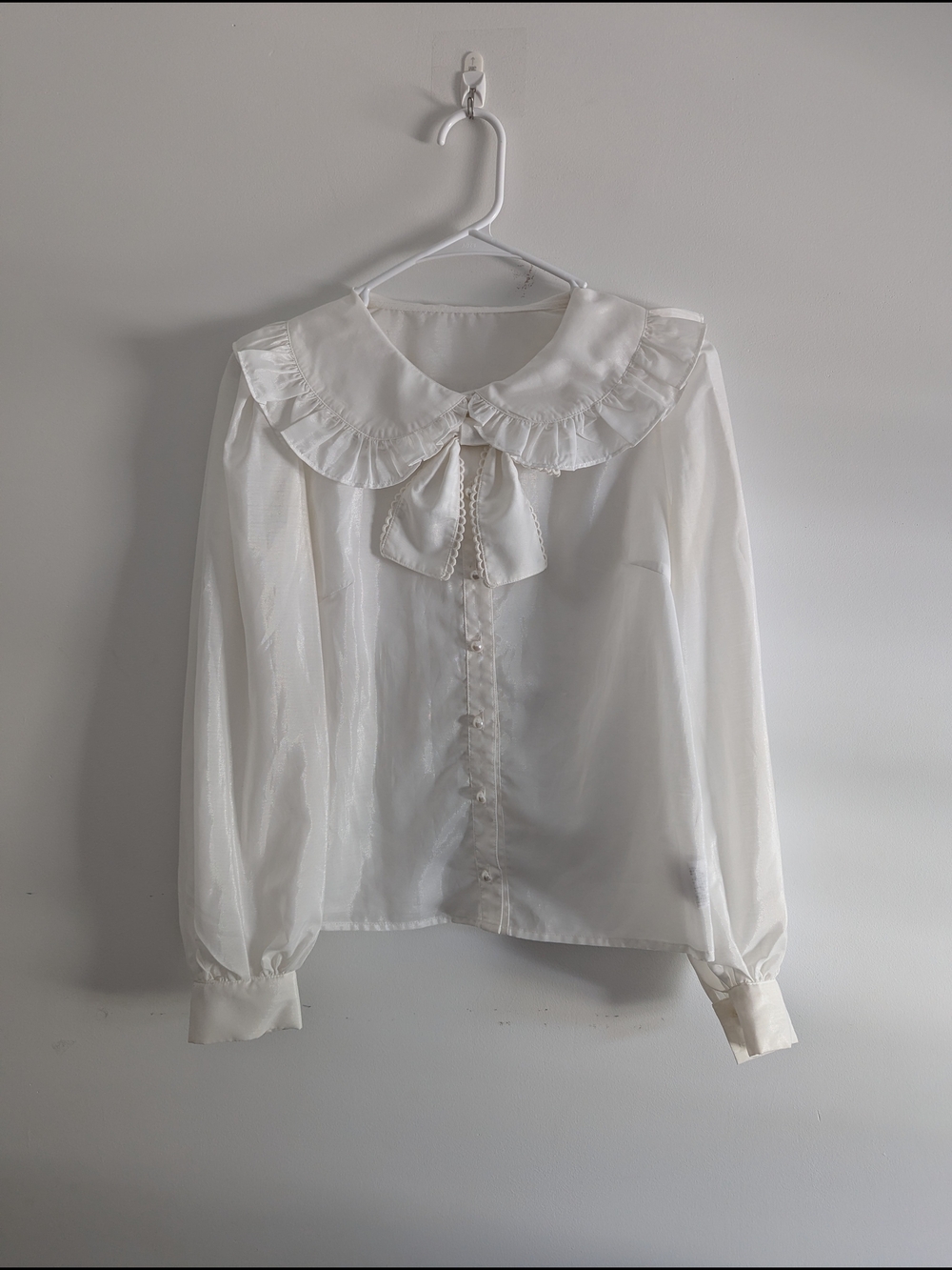 Japanese Sheer White Ruffled Collar Blouse with Bow Size Small - Picture 2 of 7